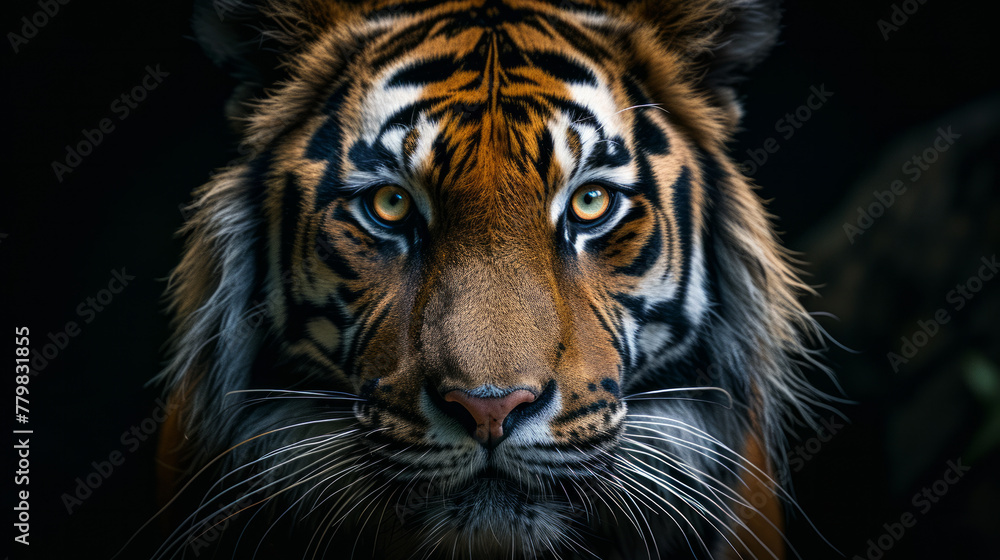 Portrait of a tiger's face on a dark background. Portrait of a tiger's face on a dark background.