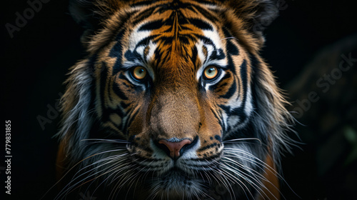 Portrait of a tiger's face on a dark background.