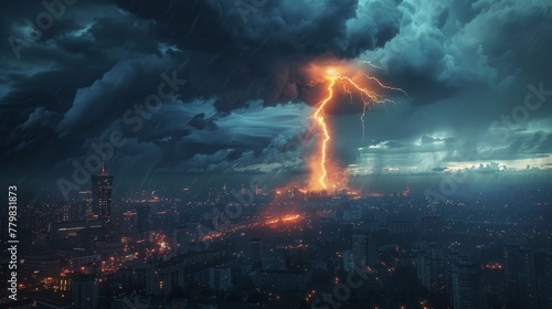 A city is lit up with lights and a large bolt of lightning strikes the sky