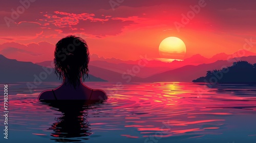 An illustration of a girl swimming and relaxing in the ocean against the backdrop of mountains and sunset © DZMITRY