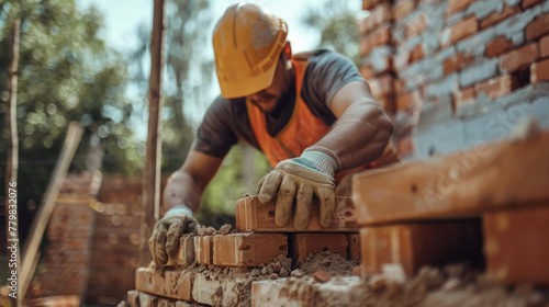 male builder in uniform and helmet builds a wall of bricks  construction site  man  house  architecture  foreman  profession  building  stone  illustration  background