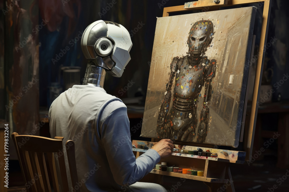 Futuristic concept of a humanoid android robot is painting a watercolor art on a canvas frame in a room at night illustration. Generative AI.