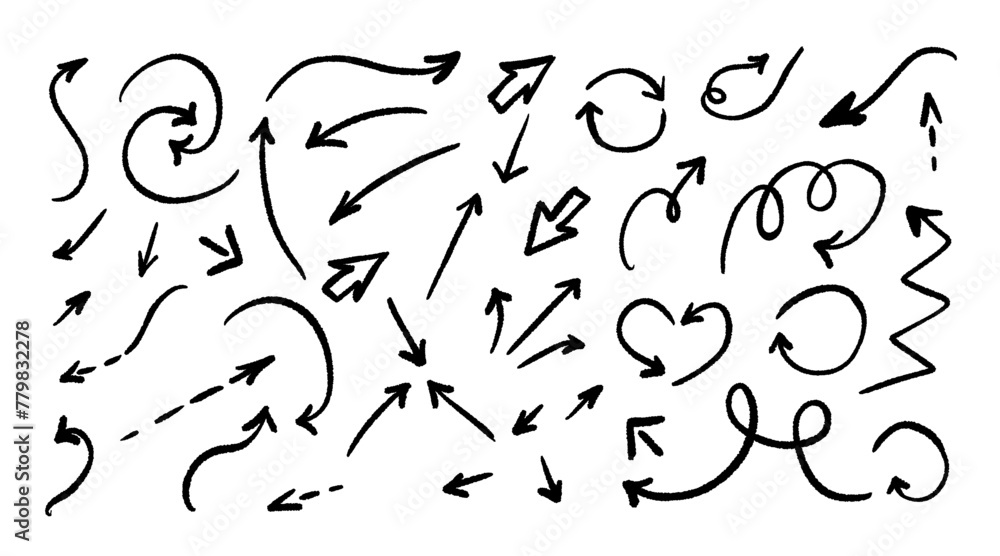 Hand drawn line arrows icons set. Doodle marker various curved linear arrows. Scrawls and scribbles. Direction pointers.