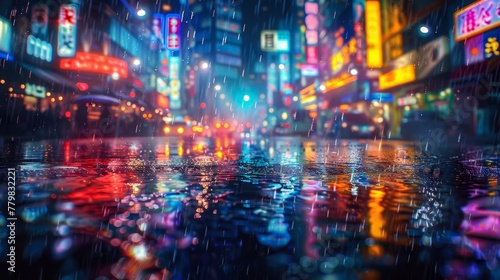A city street with neon signs and rain. The rain is reflecting the lights of the signs, creating a colorful and vibrant atmosphere