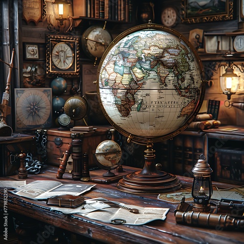 A vintage globe on a stand, surrounded by old maps and nautical instruments in a dimly lit room
