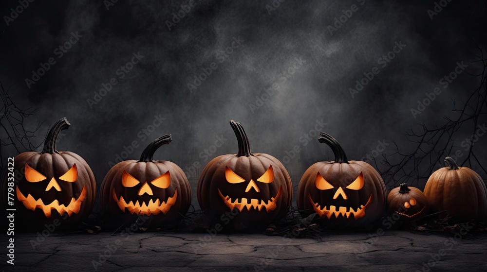 Halloween pumpkins on a dark background with a place for text Halloween pumpkins on a dark background with a place for text