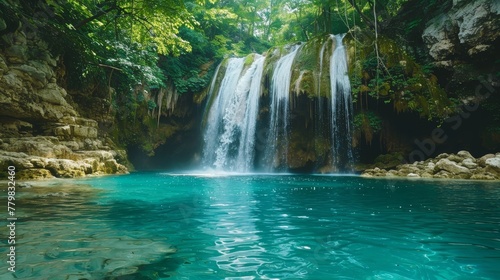 A waterfall is flowing into a pool of water. The water is clear and blue. The waterfall is surrounded by trees © Sodapeaw