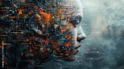 A woman's face is shown in a computer-generated image with a cityscape in the background. The image is a representation of the idea of technology and its impact on human life