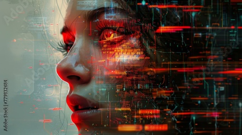 A woman's face is shown in a digital art piece with a red and orange background. The woman's eyes are glowing, and the background is filled with abstract shapes and lines