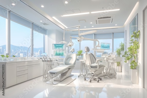 A clean and modern dental office with white walls  featuring a comfortable chair 
