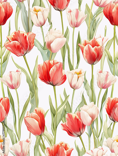 Vibrant tulip elegance seamless floral design. an ideal choice for fashion textiles, home decor, and various print mediums. Its versatile nature allows for use in a wide range of design applications. © Mariya