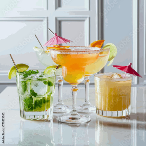A frontal view of freshly made, chilled cocktails in glasses with a white backdrop Vector