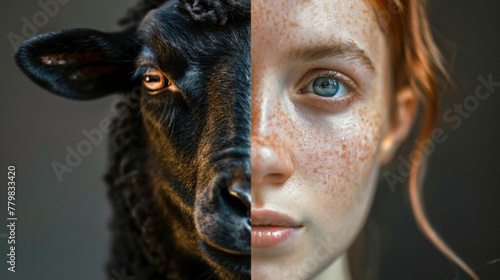 Detailed image of half the face of a girl and a sheep, focusing on the texture of the hair and skin