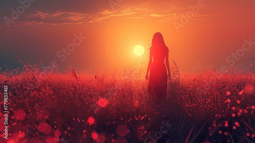 An illustration of a beautiful woman in a field against the backdrop of a sunset. World peace. Women's Day. Modern concept celebrating freedom, independence, and women's rights.
