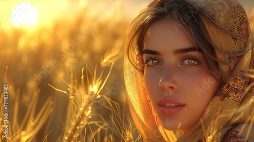 World peace. World women's day. Modern banner poster with a beautiful arab woman in a field against a sunset background. Concept of freedom, independence, and women's rights.