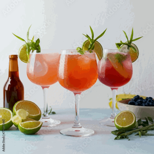 A frontal view of freshly made, chilled cocktails in glasses with a white backdrop Vector