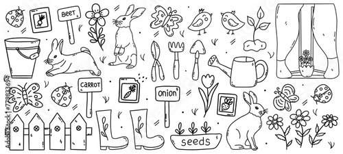 Set of spring elements for garden. Seeds for seedlings, rubber boots and watering can, butterflies and ladybugs, bunnies and daisies. Black and white vector isolated illustration hand drawn doodle