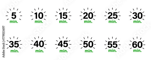 Timer, clock, stopwatch, 5, 10, 15, 20, 25, 30, 35, 40, 45, 50, 55, 60 minutes set collection vector.