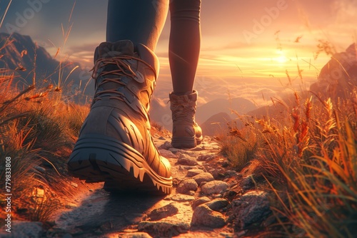 A closeup of the hiker's feet in hiking boots, walking along an old mountain trail at sunset. photo