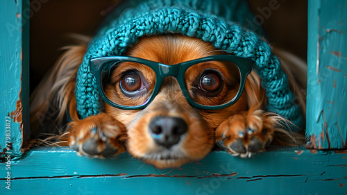 Cutie puppy dog ona blue background.Colorfull pedigree