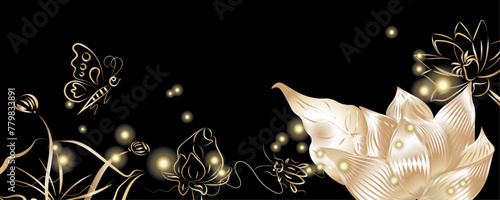 Luxury gold oriental style background vector. Chinese and Japanese wallpaper pattern design of elegant gold butterfly and  lotus flower with gold line texture. Design illustration vector.