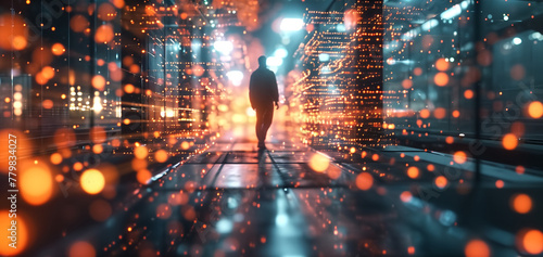 Silhouette of a person walking in a futuristic data center with glowing orange lights. Conceptual digital art representing big data, cybersecurity, and technology. photo