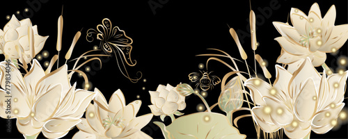 Luxury oriental style Japanese wallpaper design of  gold butterfly and  lotus flower with insect gold line . Design illustration vector.