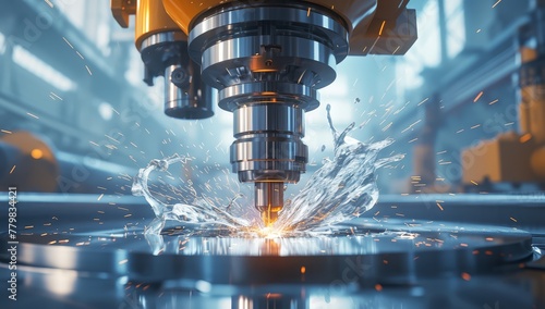 A close-up shot of an advanced machine tool in action, creating intricate parts with precision and speed. 