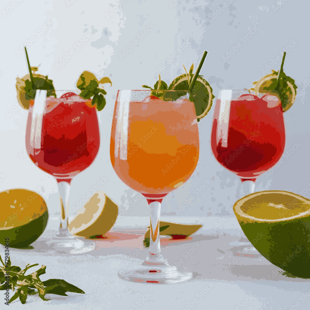 A frontal view of freshly made, chilled cocktails in glasses with a white backdrop Vector