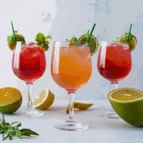 A frontal view of freshly made, chilled cocktails in glasses with a white backdrop Vector