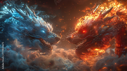 Blue square red square Chinese dragon elements, e-sports game confrontation scene illustration
