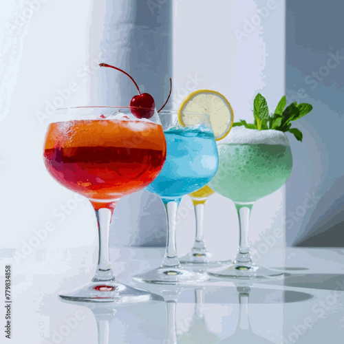 A frontal view of freshly made, chilled cocktails in glasses with a white backdrop Vector