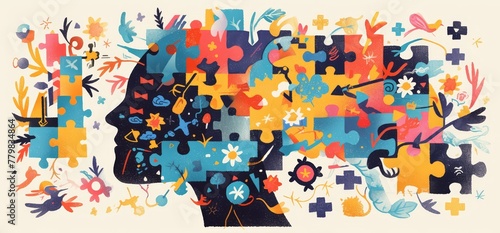 A colorful puzzle piece cut into the shape of an adult human head, with various colors representing different aspects like thoughts and emotions.