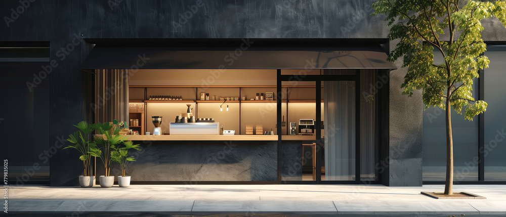 Coffee shop, cafe store, bar or restaurant with counter, glass windows. View from city street. Front design. Showcase. Generative ai Coffee shop, cafe store, bar or restaurant with counter, glass windows. View from city street. Front design. Showcase. Generative ai