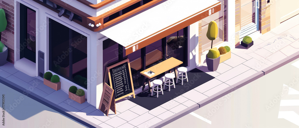 Isometric view of facade сoffee shop, cafe store, bar or restaurant with counter, glass windows. Showcase.Top view. Cartoon, 3d interior mockup. Generative ai