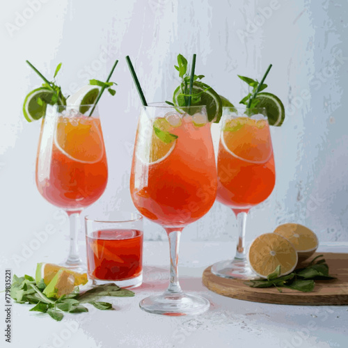 A frontal view of freshly made, chilled cocktails in glasses with a white backdrop Vector