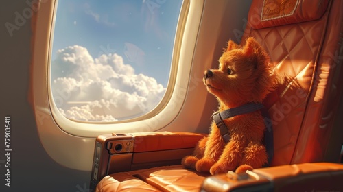 a joyful dog with its owners seat belt on a plane, light-hearted and filled with soft textures