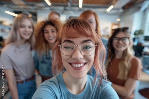 A vibrant group selfie of diverse young people, capturing a moment of joy and friendship, ideal for themes of unity and diversity.