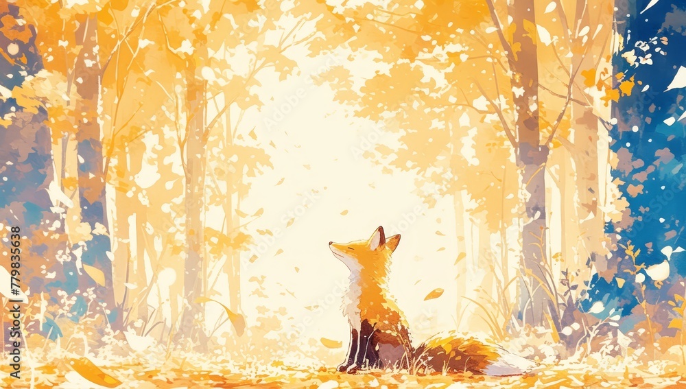 Fototapeta premium A cute fox sitting in the forest, surrounded by autumn trees and falling leaves. The colors of orange and yellow create an atmosphere full of warmth and beauty. 