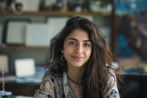 Iranian woman in her office, smiling, looking at the camera