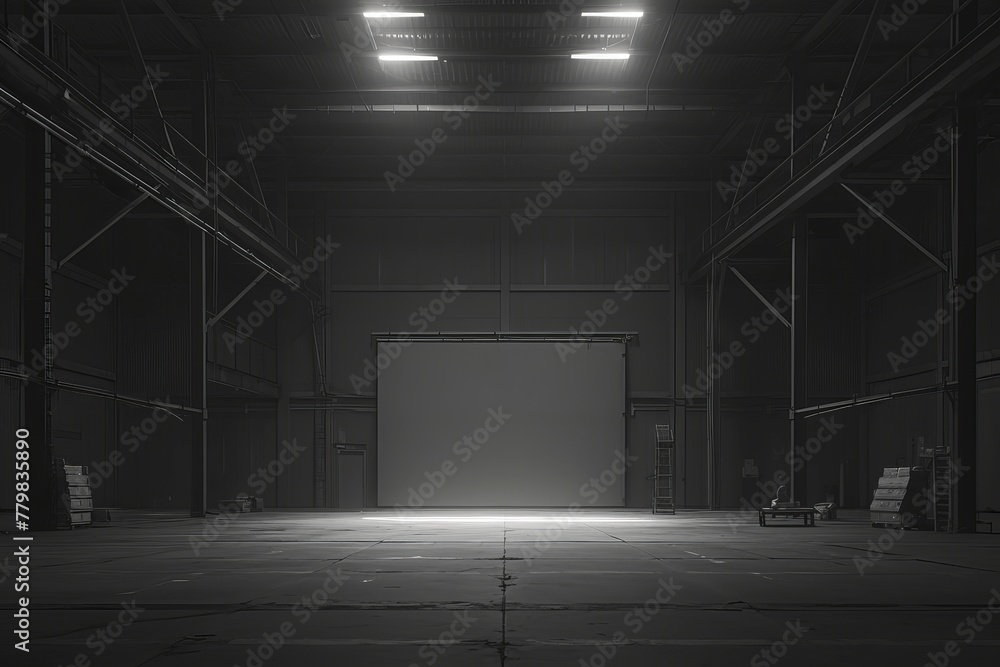 A dark warehouse with a wide, empty floor for product photography