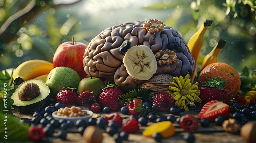 A brain encircled by an abundance of fruits like avocados, berries, and bananas, representing the essence of good brain health