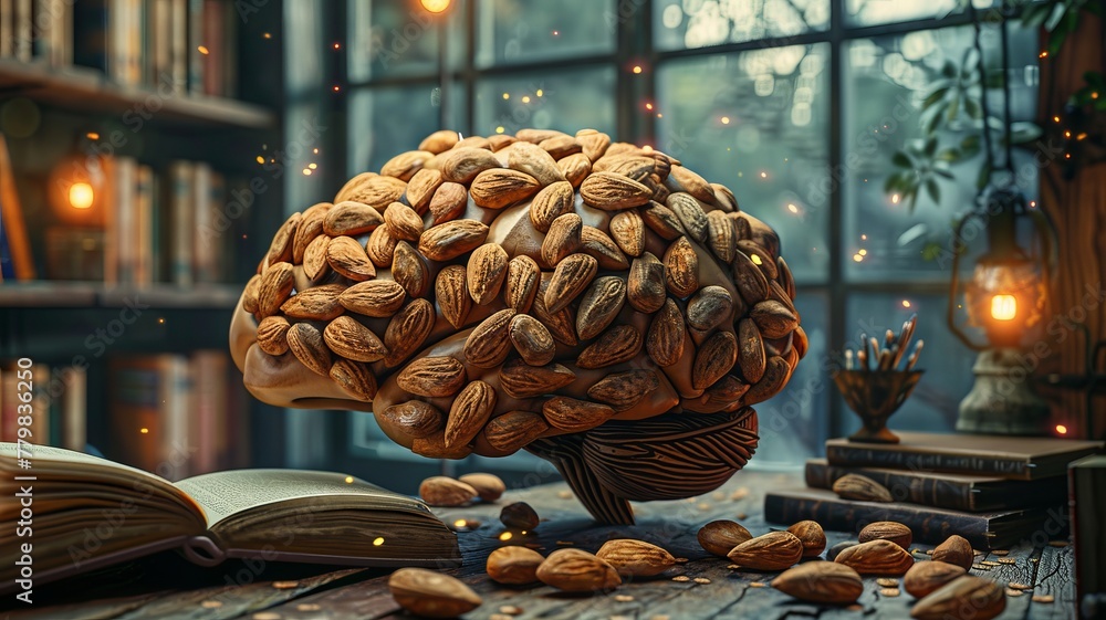 An almond-crafted brain sits atop books in a library, symbolizing the delightful adventure of learning about nutrition and brain health