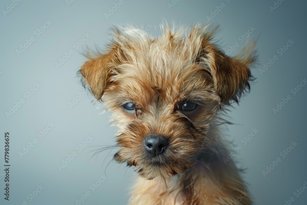 An adorable brown puppy sits attentively against a teal background