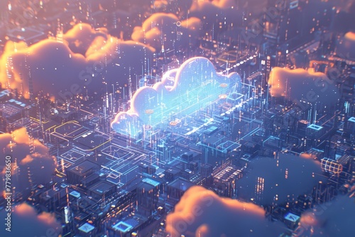 glowing cloud with city on it, digital network and code lines around the cloud