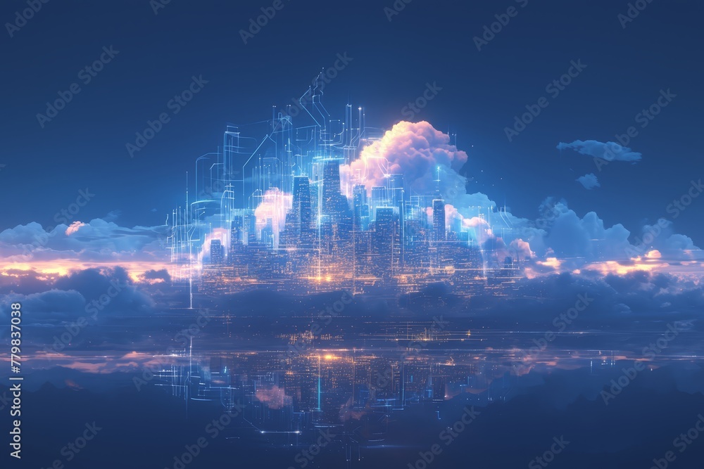 cloud with city on it glowing, illuminated and floating in the air on dark background