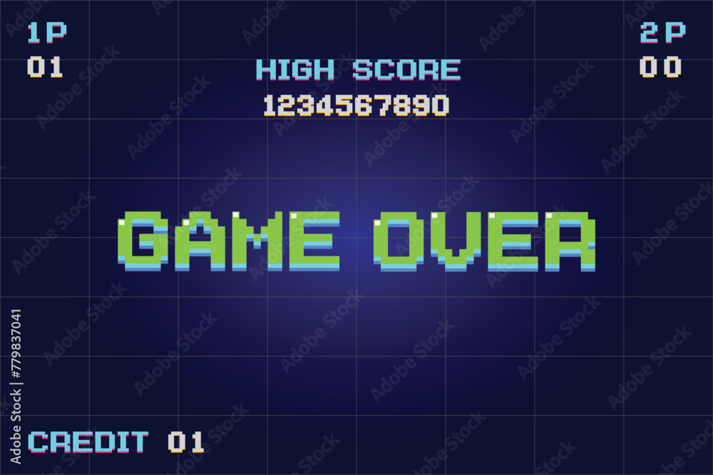 Fototapeta premium Game Over, Retro games for game assets in retro futuristic sci-fi background vector illustration. Glowing neon from an old arcade