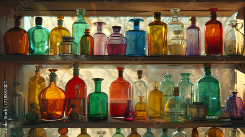 A shelf filled with colorful glass bottles of different shapes and sizes, each containing various liquids