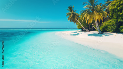 A beautiful tropical beach with crystal clear water and palm trees