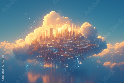 cloud with glowing city on it, floating in the air, isolated over dark background with gradient lighting
